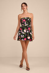 Caprice Black Multi Floral Embroidered Mini Dress