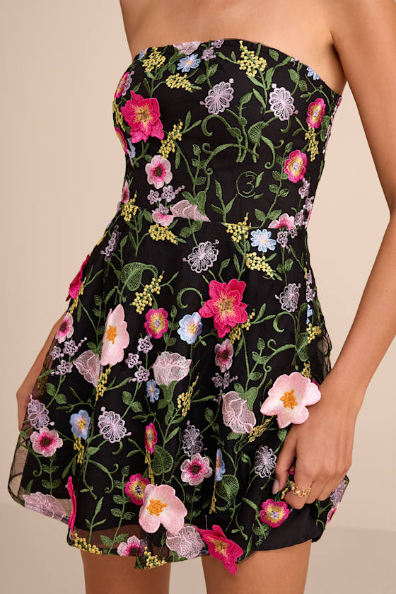 Caprice Black Multi Floral Embroidered Mini Dress