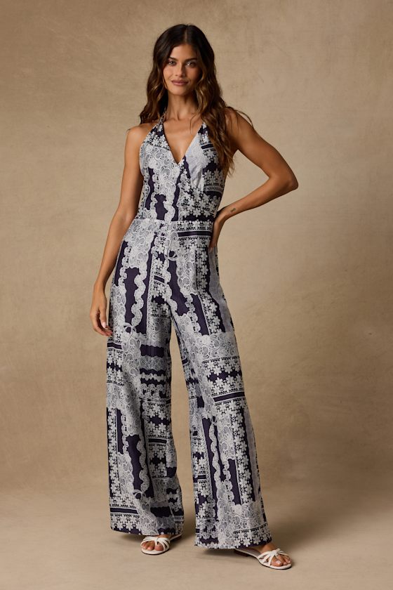 Arlee Navy and White Lace Print Wide-Leg Jumpsuit