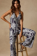 Arlee Navy and White Lace Print Wide-Leg Jumpsuit