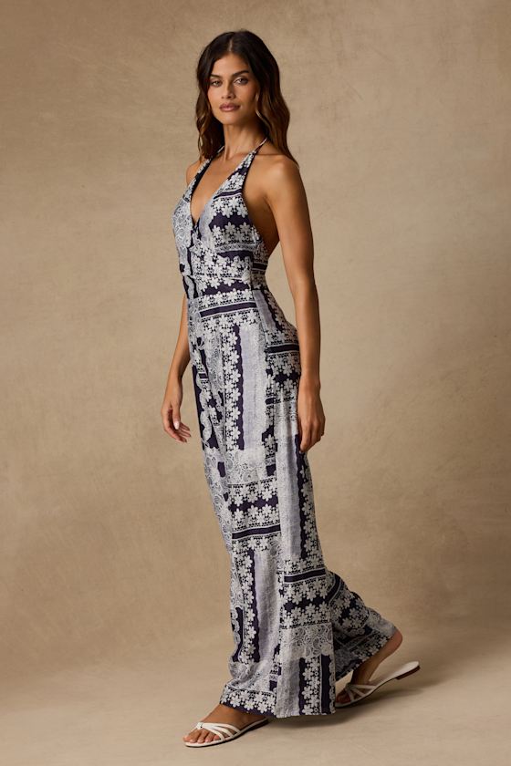 Arlee Navy and White Lace Print Wide-Leg Jumpsuit