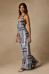 Arlee Navy and White Lace Print Wide-Leg Jumpsuit