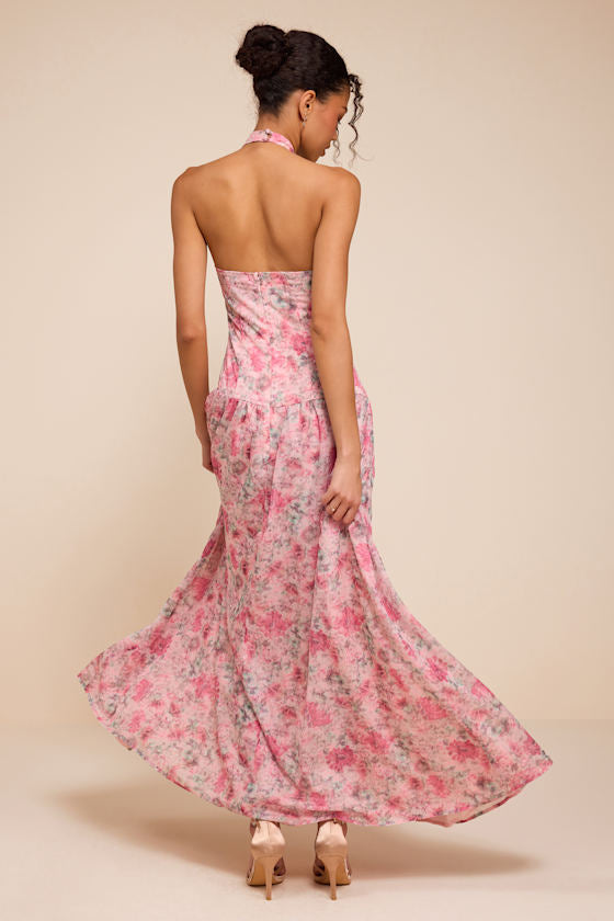 Amoah Light Pink Floral Drop Waist Maxi Dress