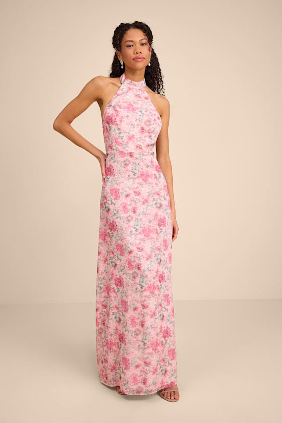 Phebe Pink Floral Halter Maxi Dress