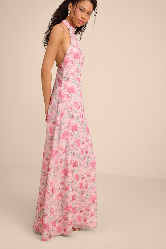 Phebe Pink Floral Halter Maxi Dress