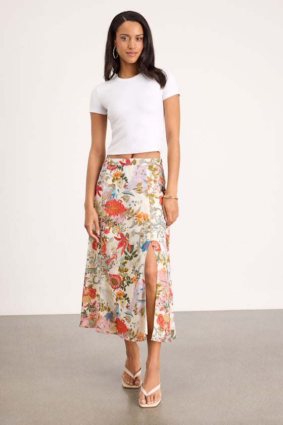 Bliss Me Ivory Multi Floral Print Midi Skirt
