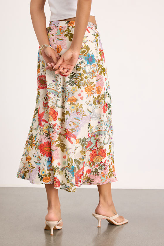 Bliss Me Ivory Multi Floral Print Midi Skirt