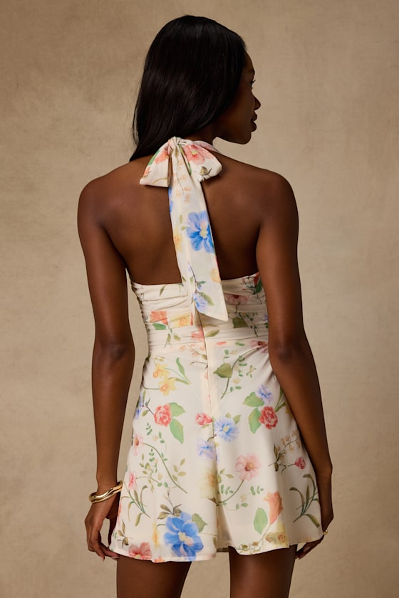 Nailah Cream Multi Floral Knotted Halter Mini Dress