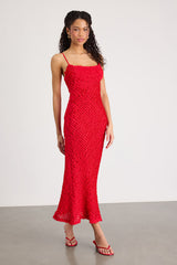 Noria Red Ruffled Lace Slip Midi Dress