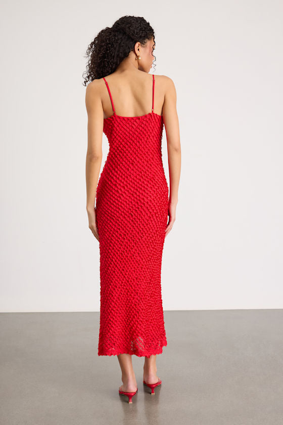 Noria Red Ruffled Lace Slip Midi Dress