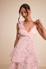 Daleyza Light Pink Floral Organza Tiered Midi Dress