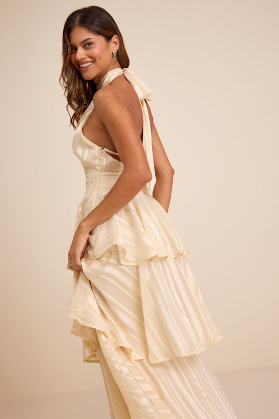 Jennica Pale Yellow Striped Satin Tiered Midi Dress