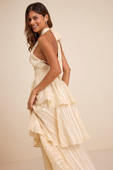 Jennica Pale Yellow Striped Satin Tiered Midi Dress