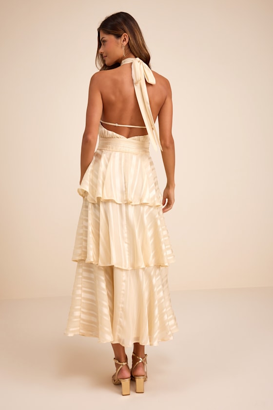 Jennica Pale Yellow Striped Satin Tiered Midi Dress