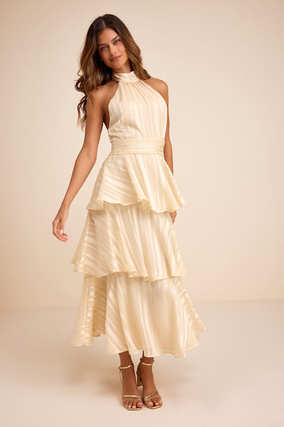 Jennica Pale Yellow Striped Satin Tiered Midi Dress