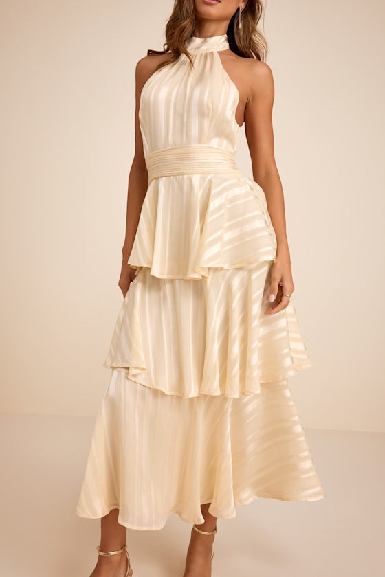 Jennica Pale Yellow Striped Satin Tiered Midi Dress