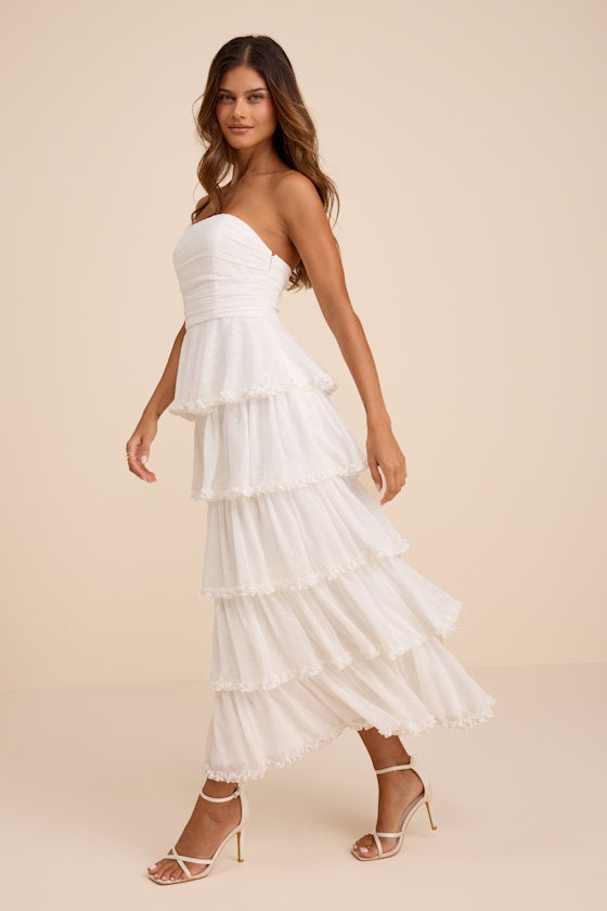 Mianella White Swiss Dot Tiered Maxi Dress