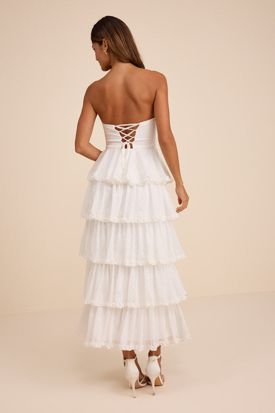 Mianella White Swiss Dot Tiered Maxi Dress