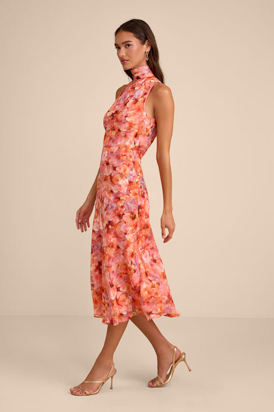 Ivanna Orange Multi Floral Jacquard Midi Dress