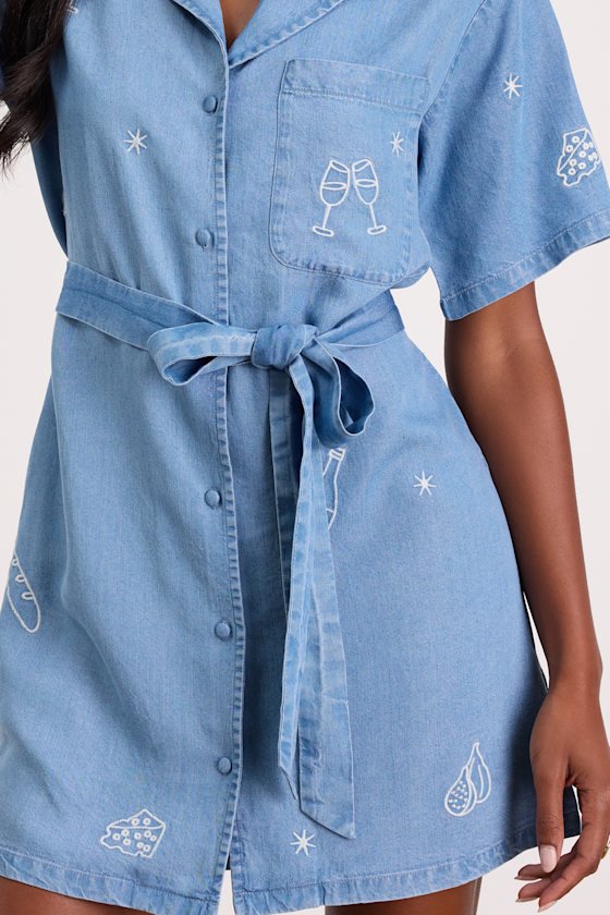 Neila Light Wash Denim Embroidered Mini Dress