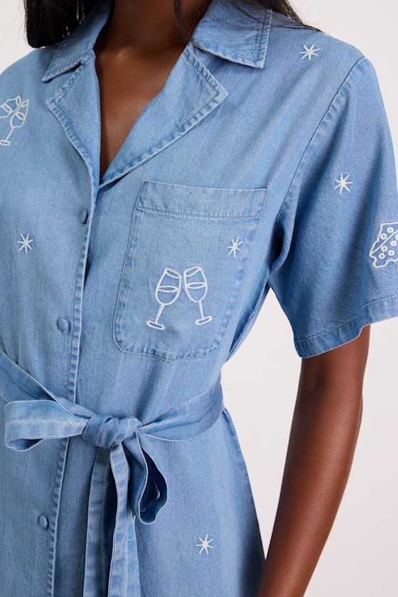 Neila Light Wash Denim Embroidered Mini Dress