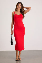 Dalene Red Jersey Knit Bodycon Midi Dress