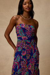 Sofia Blue Multi Boho Print Strapless Maxi Dress