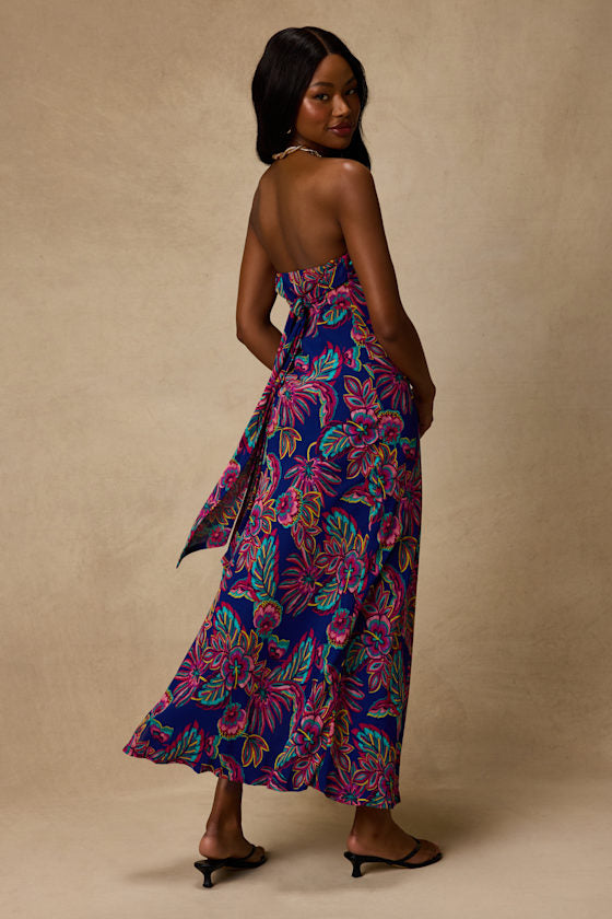 Sofia Blue Multi Boho Print Strapless Maxi Dress
