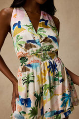 Deanna White Multi Print Satin Sleeveless Romper