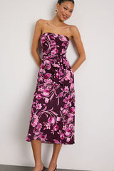 Fanna Dark Plum Floral Strapless Midi Dress