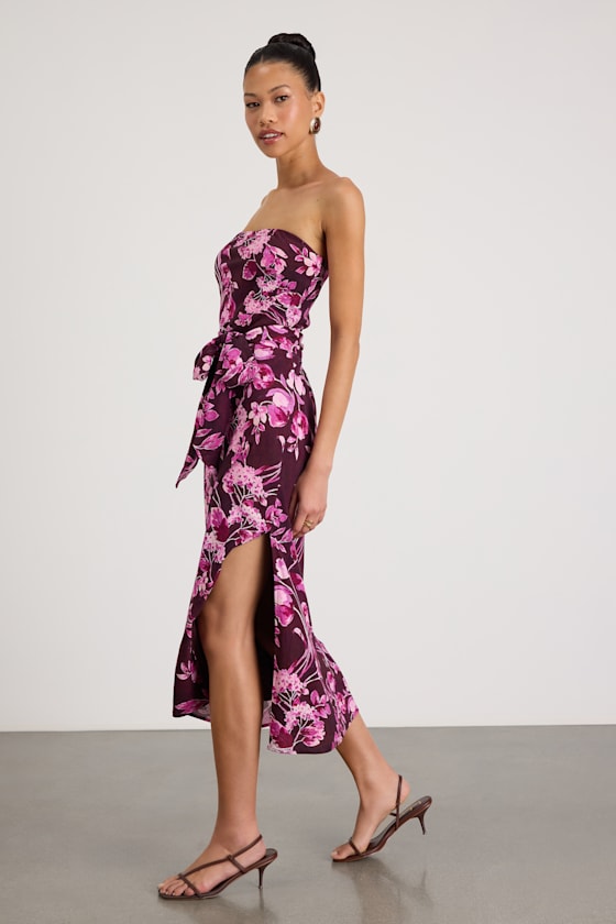 Fanna Dark Plum Floral Strapless Midi Dress
