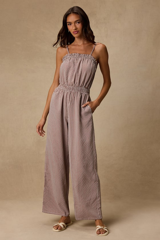 Dylan Brown Gingham Wide-Leg Jumpsuit