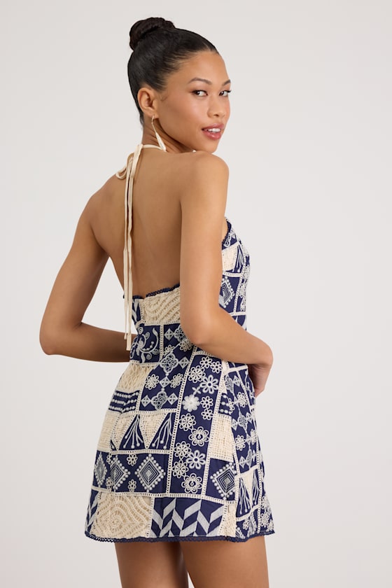 Daisy Navy and Cream Embroidered Halter Mini Dress