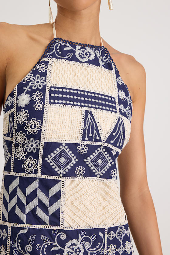 Daisy Navy and Cream Embroidered Halter Mini Dress