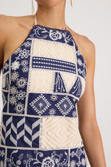 Daisy Navy and Cream Embroidered Halter Mini Dress