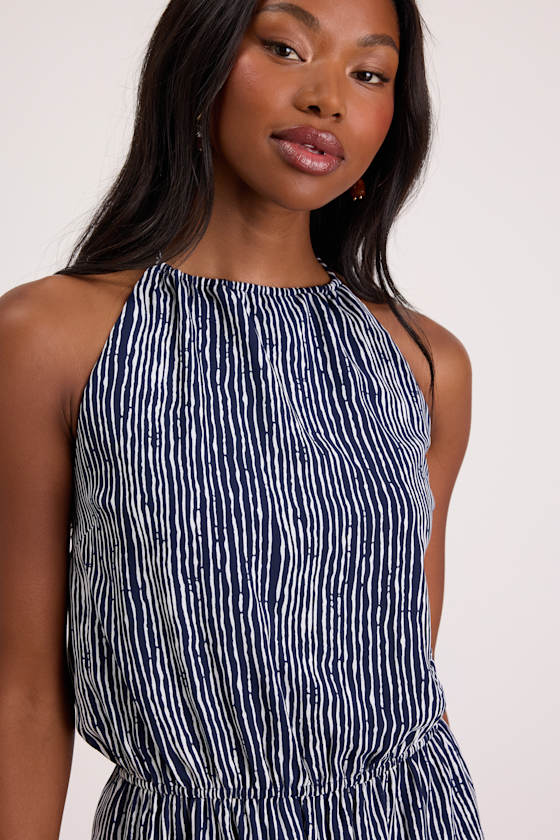 Amadora Navy Striped Halter Romper