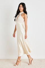 Jelani Ivory Satin Embroidered Midi Dress
