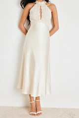 Jelani Ivory Satin Embroidered Midi Dress