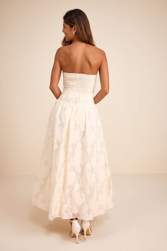Calen Cream Floral Jacquard Drop Waist Maxi Dress