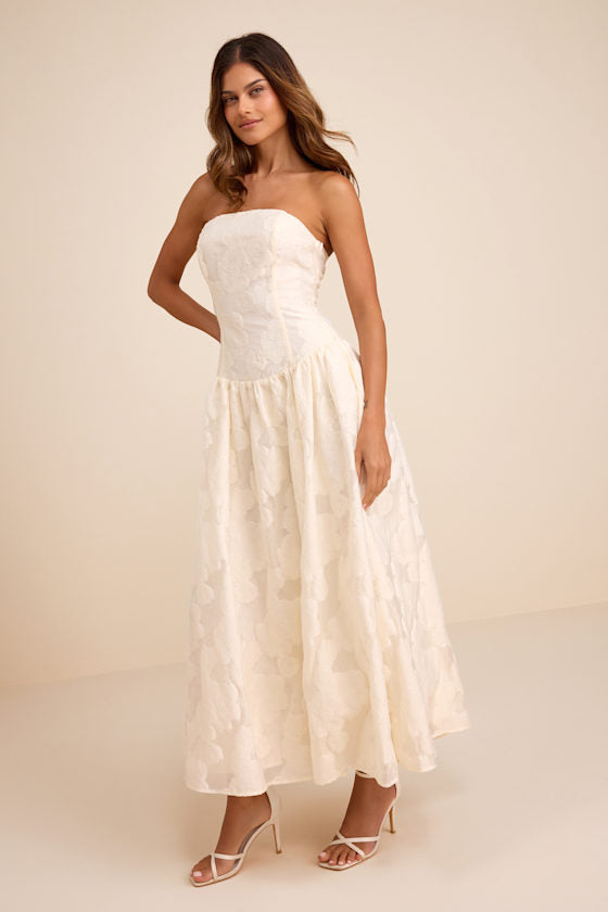 Calen Cream Floral Jacquard Drop Waist Maxi Dress