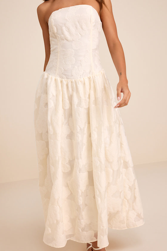 Calen Cream Floral Jacquard Drop Waist Maxi Dress