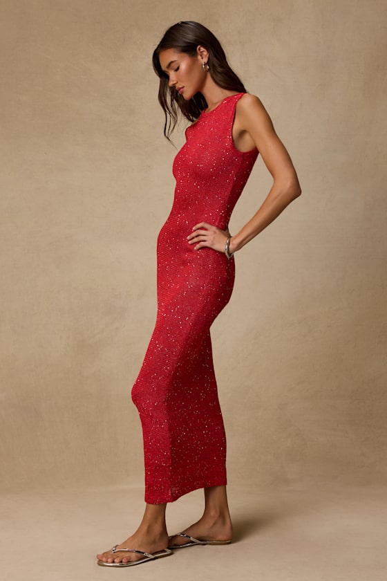 Jordi Red Sequin Crochet Knit Maxi Dress
