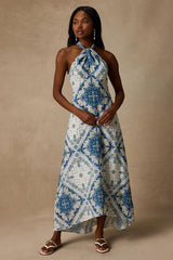 Hania White and Blue Boho Print Halter Midi Dress