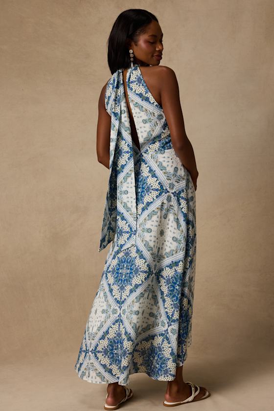 Hania White and Blue Boho Print Halter Midi Dress