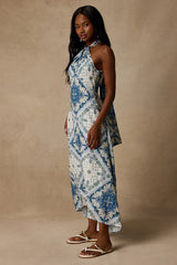 Hania White and Blue Boho Print Halter Midi Dress