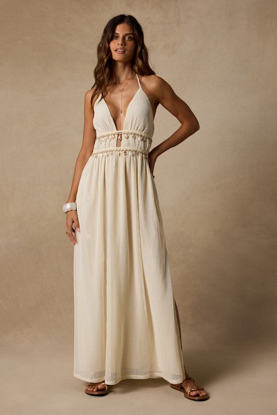 Alda Cream Crochet Knit Seashell Maxi Dress