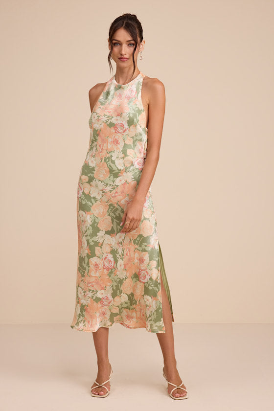 Belin Sage Multi Floral Satin Backless Midi Dress
