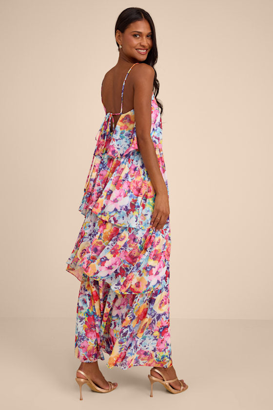 Mabelle Light Blue Multi Floral Tiered Maxi Dress