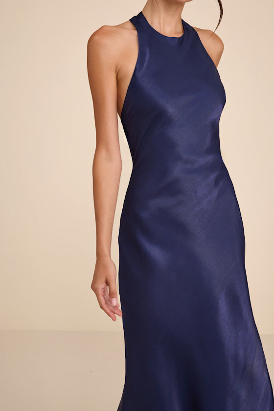 Belin Navy Satin Backless Midi Dress
