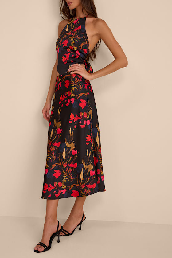 Jules Black Multi Floral Satin Two-Piece Midi Dress